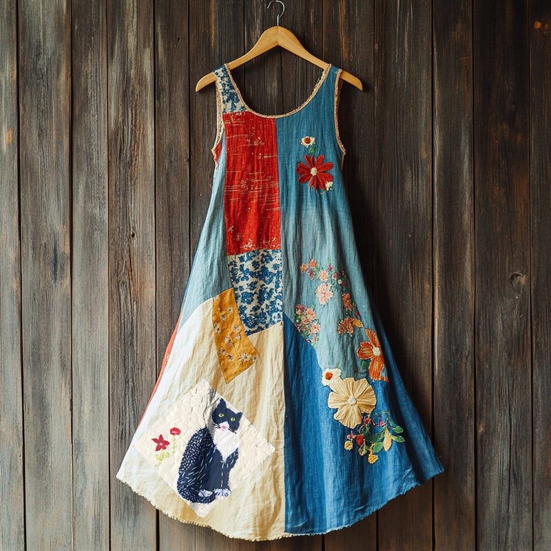 Cute Cat Floral Patchwork Midi Dress