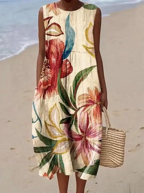 Women's Casual Floral Print Round Neck Sleeveless Dress