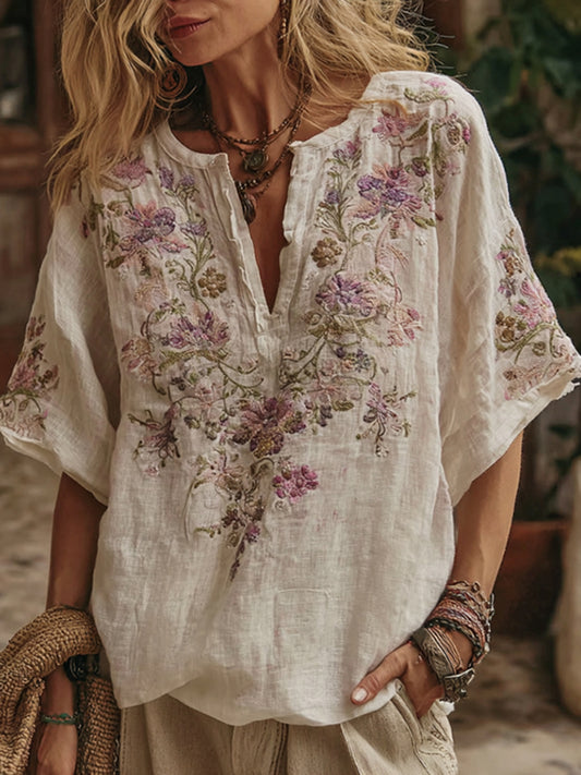 Women's Floral Embroidery Art V Neck Comfy Shirt