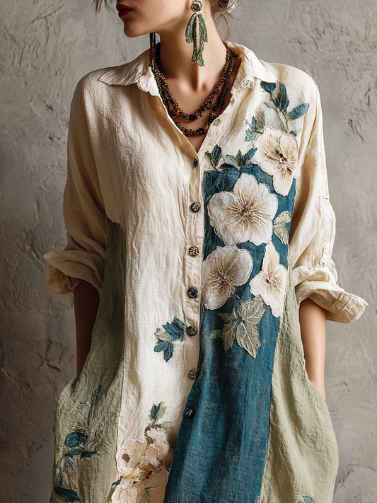 Women's Vintage Floral Oil Painting Art Colorblock Cotton And Linen Shirt