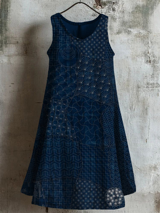 Japanese Traditional Sashiko Art Linen Midi Dress