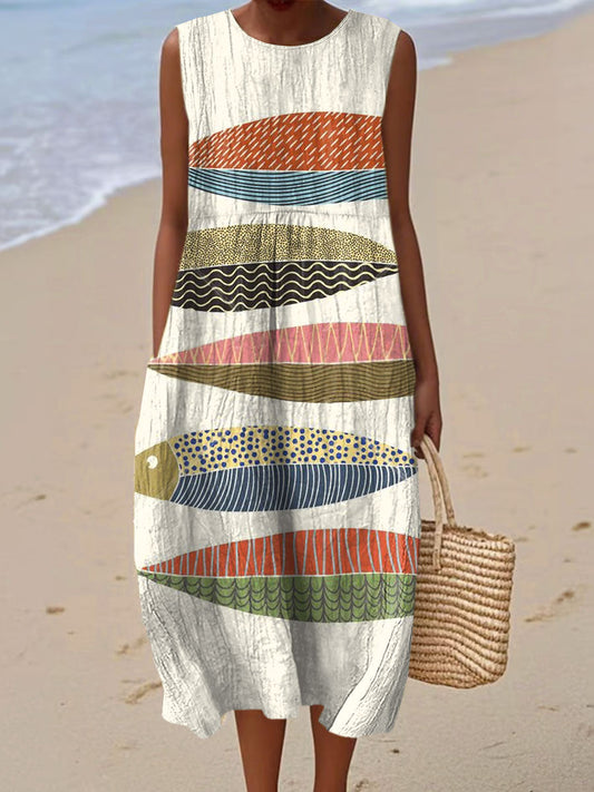 Women's Vintage Fish Art Print Sleeveless Cotton Pocket Wrap Dress