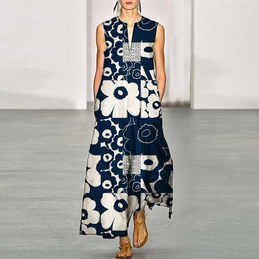 Elegant Color Clash Floral Patchwork Women's V-neck Vest Maxi Dress