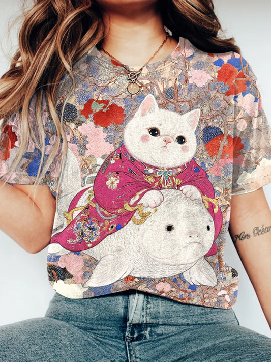 Cat In Kimono Riding A Carp T-shirt