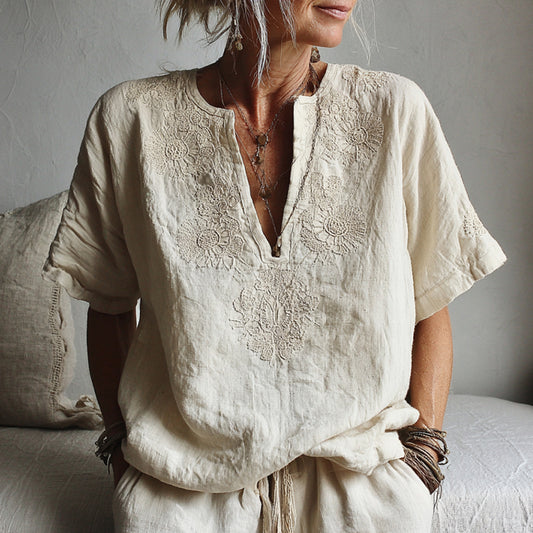 Women's Floral Embroidery Art V Neck Comfy Short Sleeve Shirt