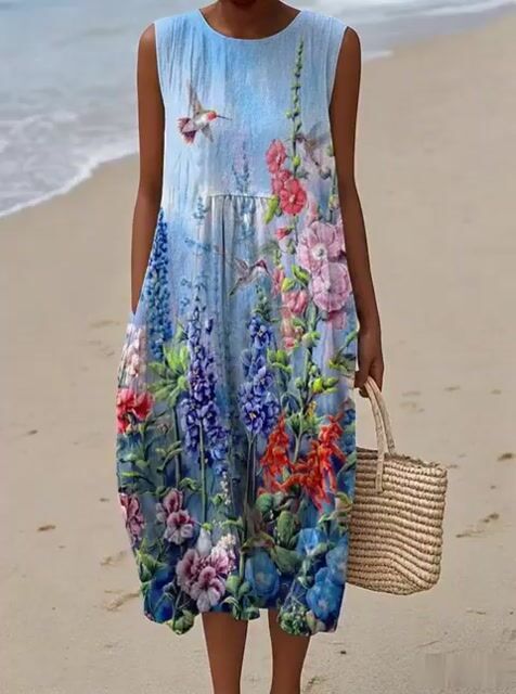 Women's Casual Floral Print Round Neck Sleeveless Dress