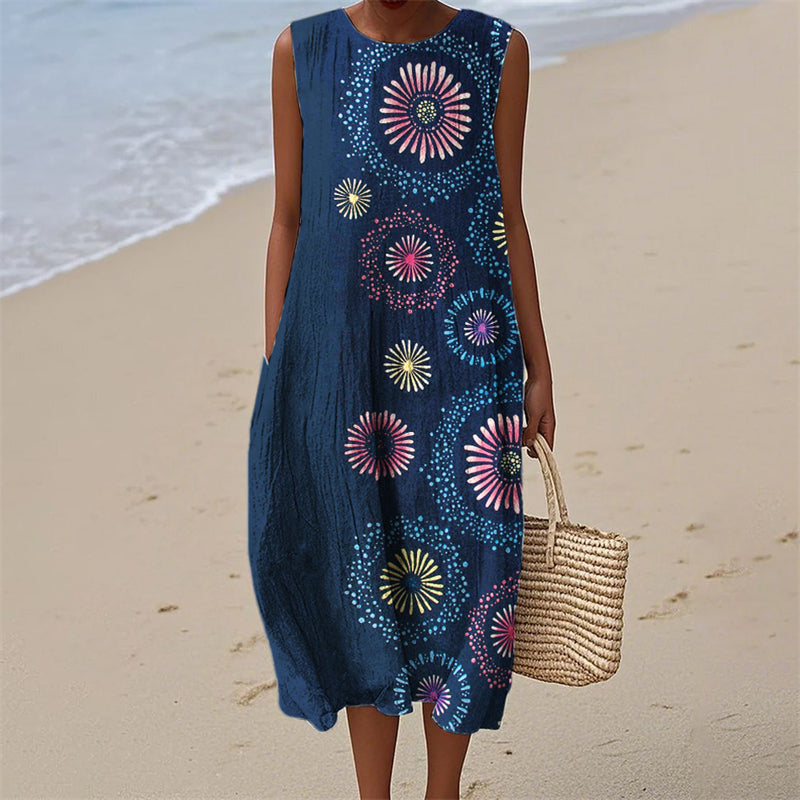 Colorful Summer Fireworks Japanese Art Linen Dress