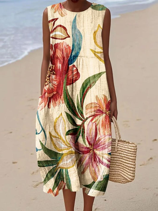 Women's Casual Floral Print Round Neck Sleeveless Dress