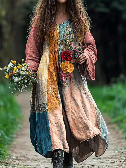 Women's Vintage Bohemian Floral Patch V-neck Cotton And Linen Dress