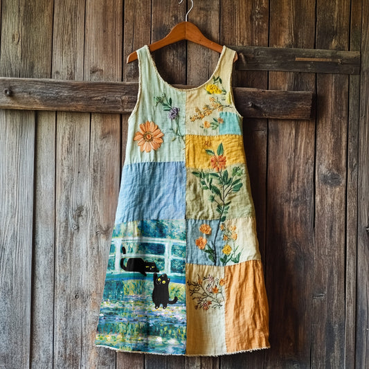 Women's Retro Cute Cat And Lotus Pattern Sleeveless Dress