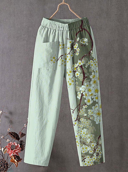 Japanese Art Flower Print Linen Blend Pocket Pants