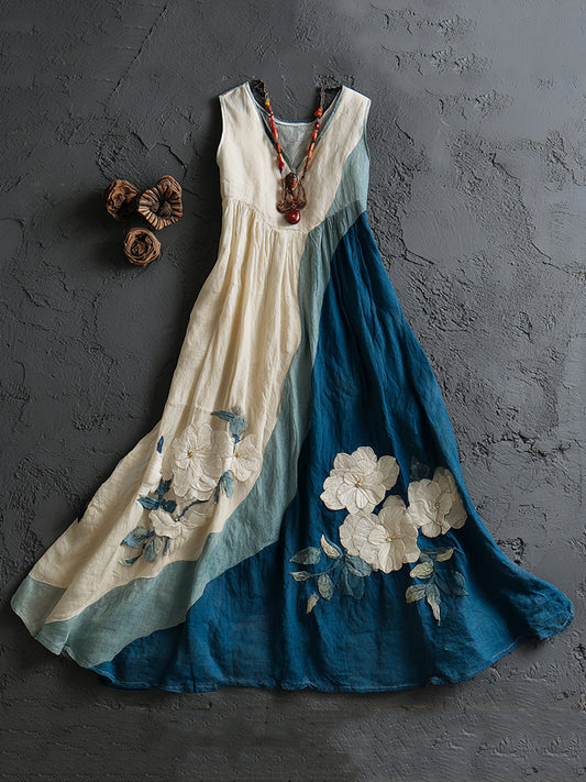 Women's Vintage Floral Embroidery Contrast Color Linen Sleeveless Dress