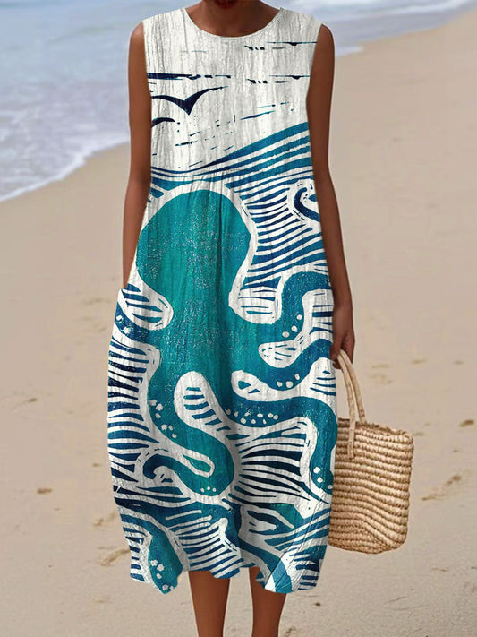 Women's Vintage Octopus Art Print Sleeveless Cotton Pocket Wrap Dress