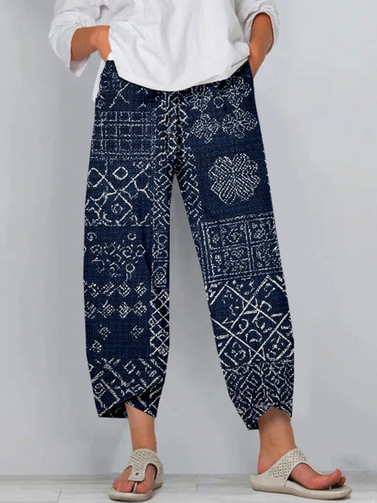 Vintage Japanese Sashiko Art Cropped Casual Linen Pants