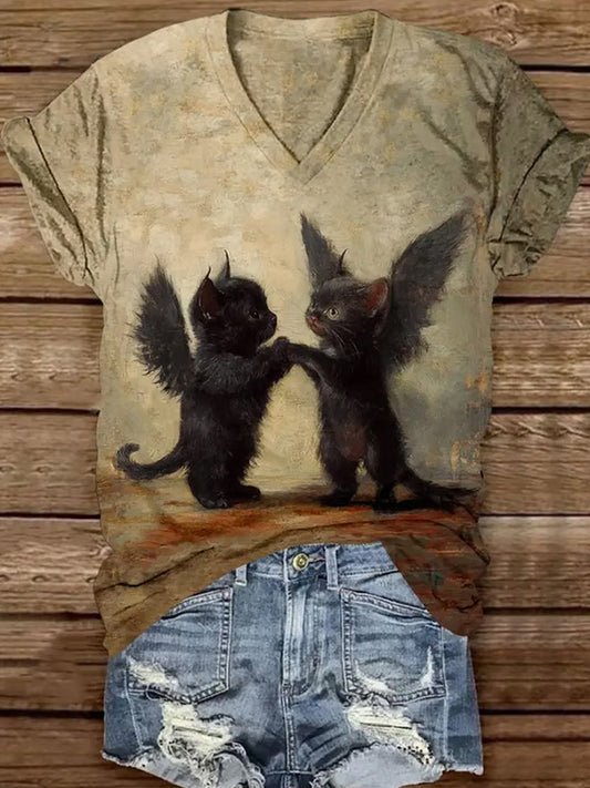 Women's Black Cat Art Print Casual T-shirt