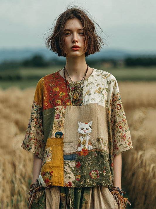 Vintage Japanese Cute Cat Floral Linen Patchwork T-shirt