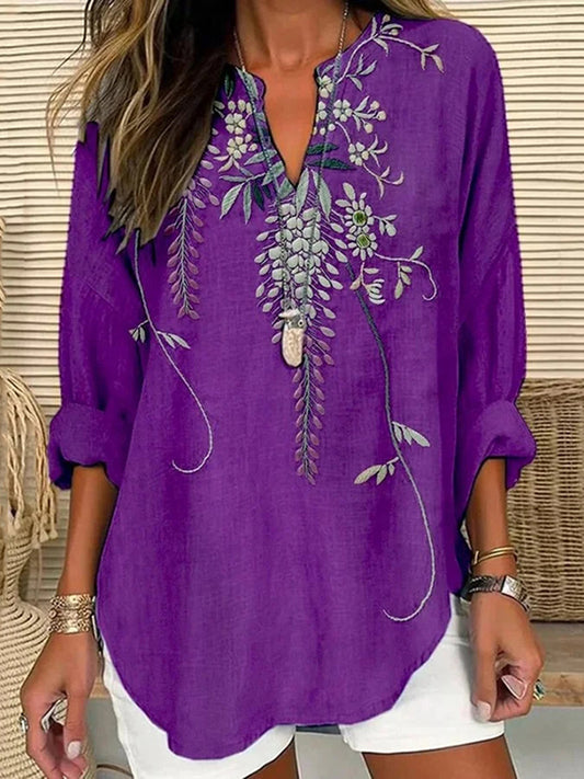 Women's Japanese Art Flower Print V-neck Shirt